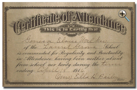 Certificate of Attendance- Geneva Walker, granddaughter of William Jasper and Georgianna Jasper. After Laurel Grove School, she and her sister Winnie Walker attended middle school and high school in Washington DC. They both received BA degrees in Early Childhood Education from Virginia State College, Petersburg, VA. Geneva and Winnie taught in Fairfax County elementary schools for over 40 years.